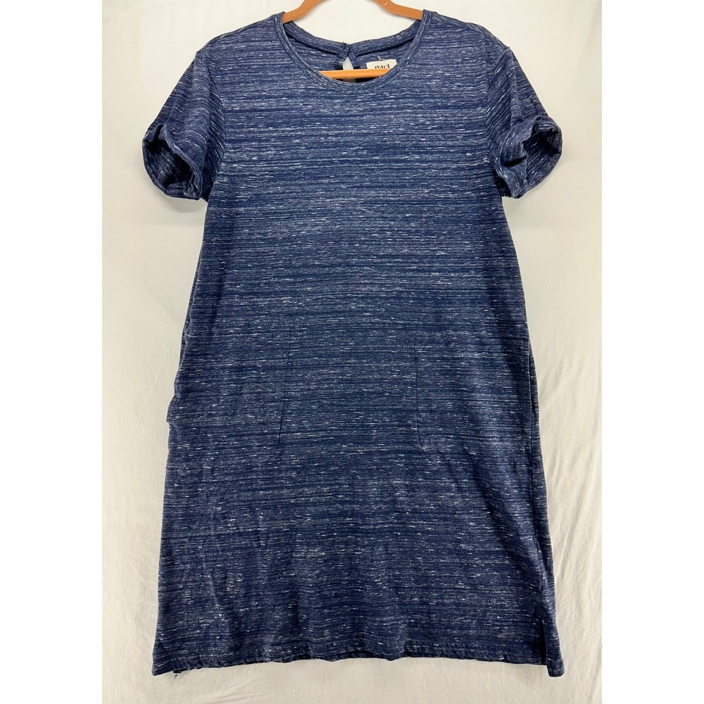 Pact Organic Cotton Slub Knit Shift Dress Heathered Blue Short Sleeve Pockets M